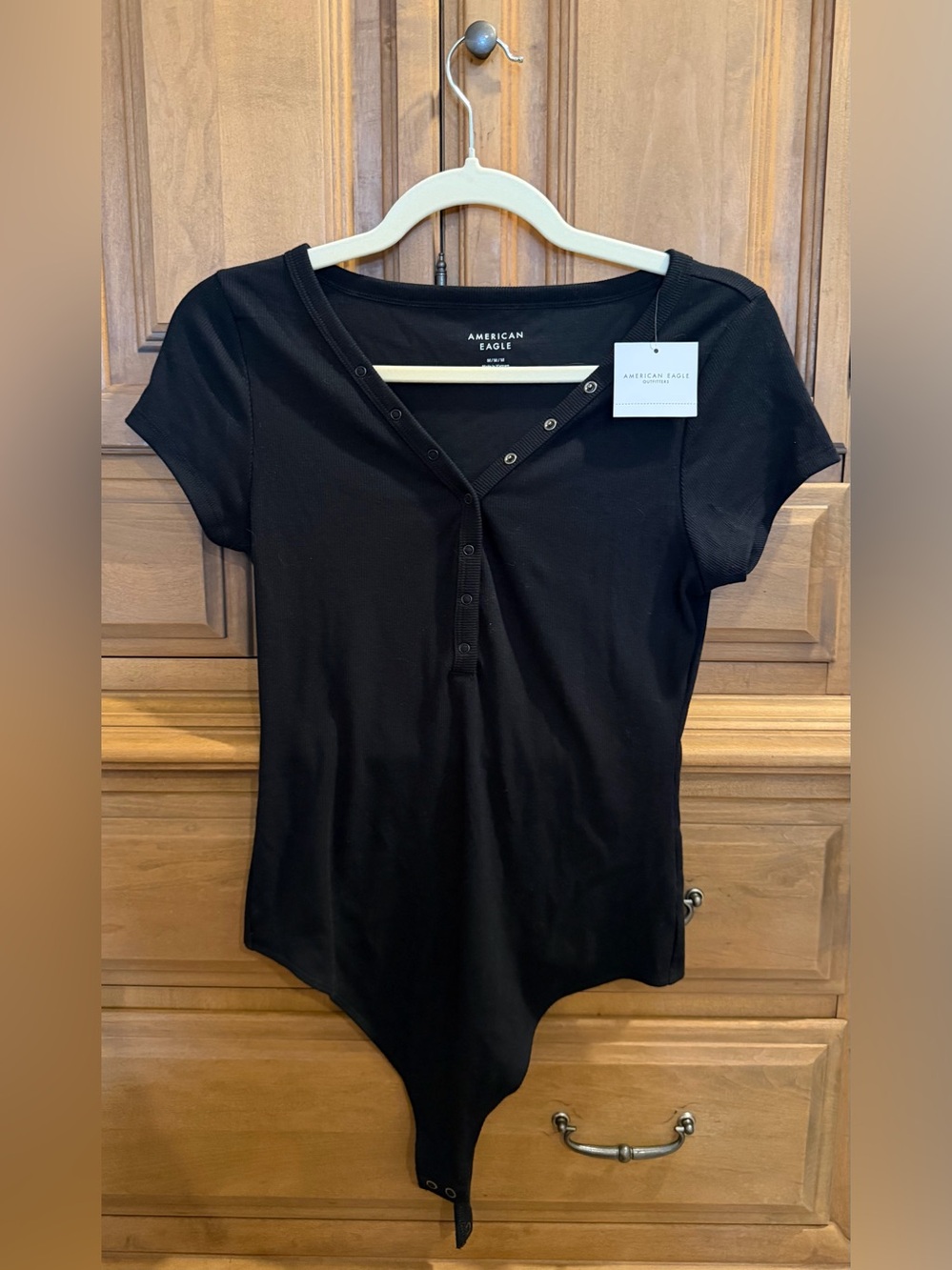 American Eagle Outfitters Black Short-Sleeve Snap Front Bodysuit